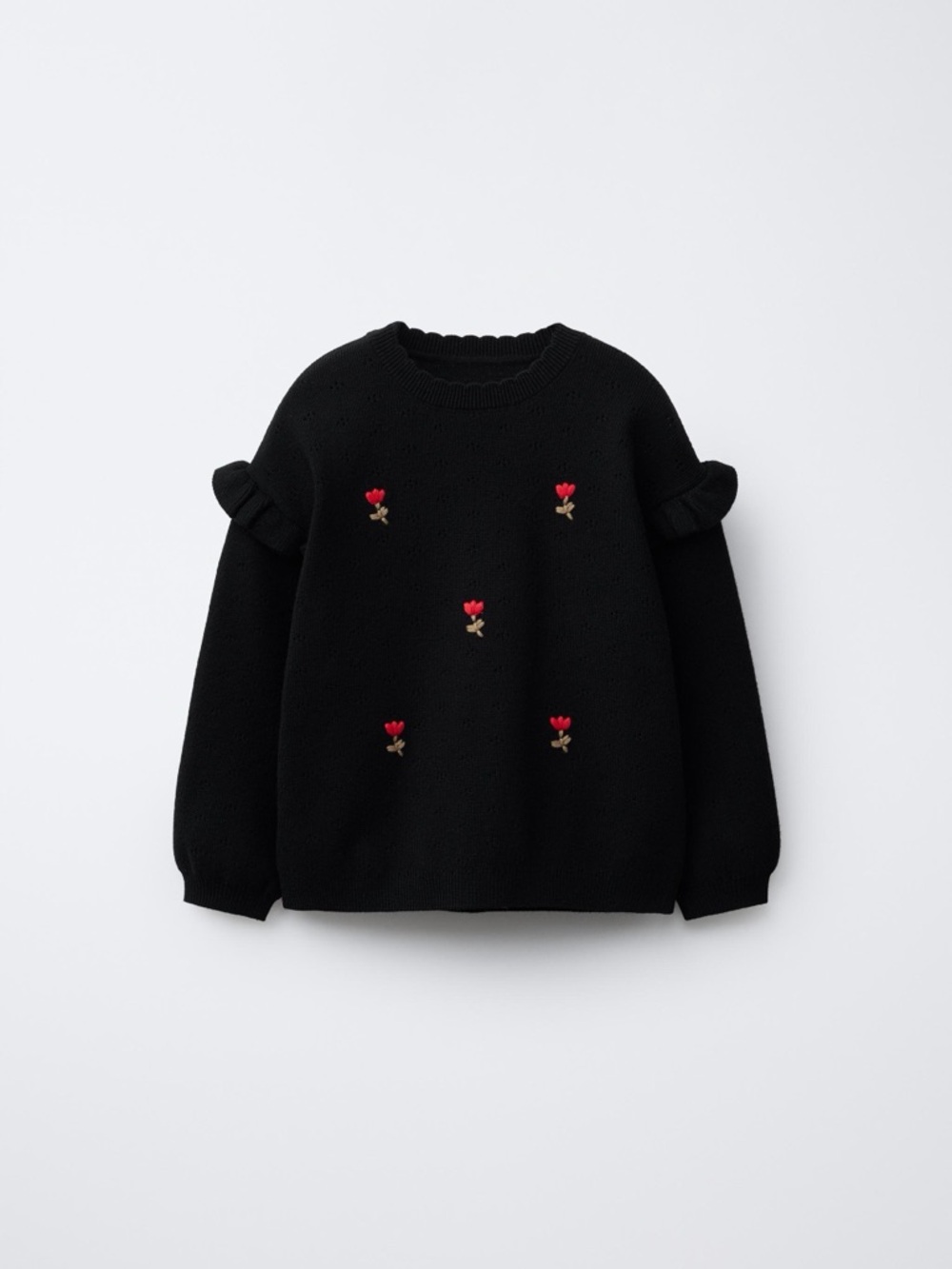 Zara Black Crewneck Sweater with Red Rose Embroidery- NWT